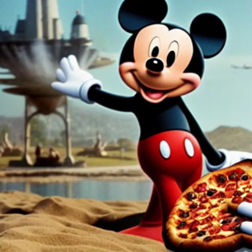 Prompt: film still of mickey mouse eating pizza in the new star wars movie, 4 k
