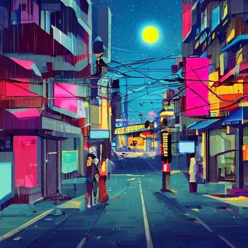 Image similar to abstract city street buildings fragments and neon signs floating, night, big moon trending on pixiv fanbox