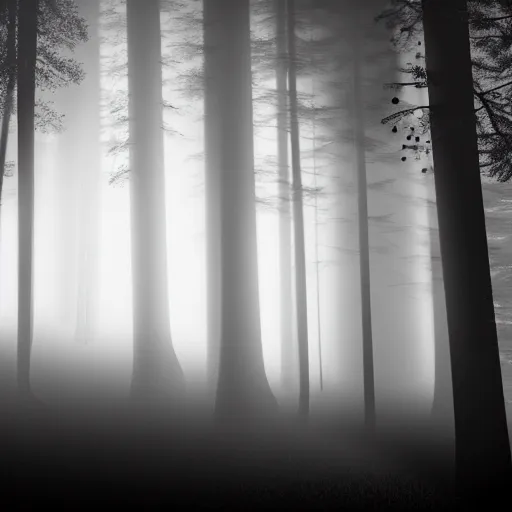 Prompt: hundreds of shadow people hidden in forest, staring with glowing white eyes, hyperrealistic, 8k, extremely detailed, black and white, foggy, grainy, very old