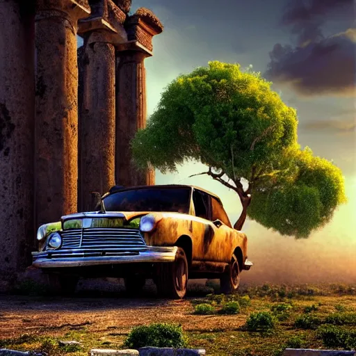 Prompt: a tree growing on a scrap car in ancient greek ruins, gray wasteland, many scrap cars, overgrown, pillars and arches, colorful flowers, vines, hyperrealistic, highly detailed, cinematic, ray of golden sunlight, beautiful, cgsociety, artstation, 8 k, pixar style by tristan eaton, artgerm, tom bagshaw