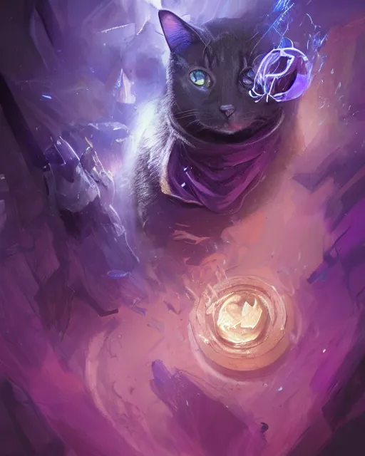 Prompt: Cat Illusionist, portrait, purple and blue, magic the gathering artwork, D&D, fantasy, cinematic lighting, centered, symmetrical, highly detailed, digital painting, artstation, concept art, smooth, sharp focus, illustration, volumetric lighting, epic Composition, 8k, art by Akihiko Yoshida and Greg Rutkowski and Craig Mullins, oil painting, cgsociety