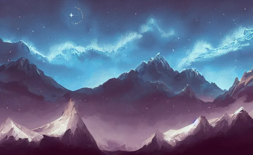 Image similar to mountains, stars and paisley filled sky, artstation, complex, highly detailed, digital painting, concept art, sharp focus, illustration