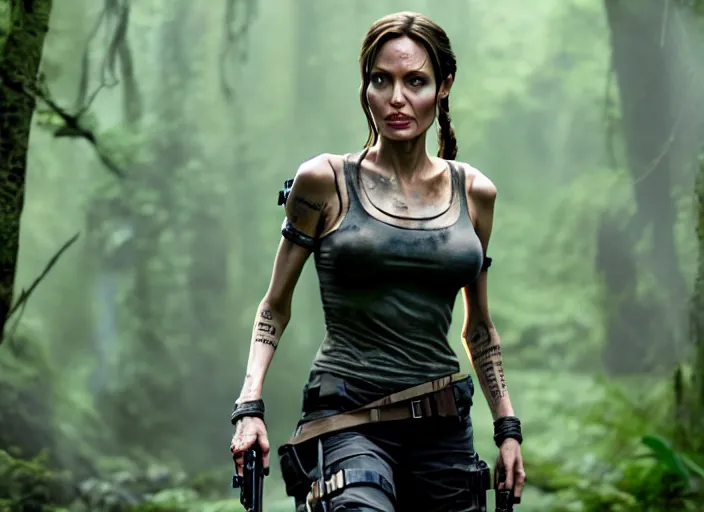 Image similar to film still of!!!! angelina jolie!!! as lara croft in new tomb raider movie, 8 k