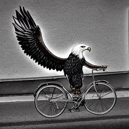 Image similar to an eagle riding a bicycle in the streets of la, smoking a cigar