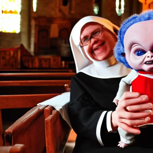 Image similar to a nun in church holding chucky the evil killer doll on her lap