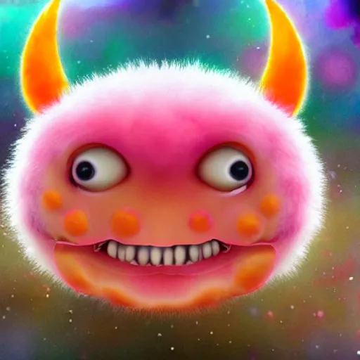 Prompt: an alien with a face that looks like a fuzzy peach the peach is fuzzy pink warm and ripe the alien has horns and a mean smile the alien has chicken feet cruel smile the alien has bedroom eyes, 4k, highly detailed, high quality, amazing, high particle effects, glowing, majestic, soft lighting, detailed background, happy tones, sharp background