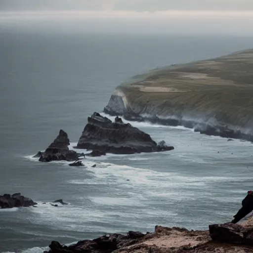 Image similar to romantic meeting on a cliff between a Viking king and a Valkyrie above a burning ocean of war, By Emmanuel Lubezki