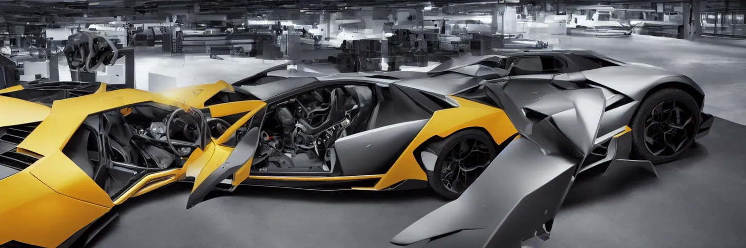 Prompt: a robot is driving a lamborghini