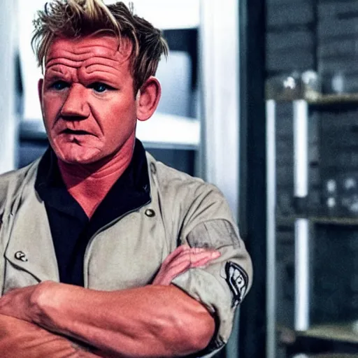 Prompt: A still of Gordon Ramsay as The Terminator, george orwell