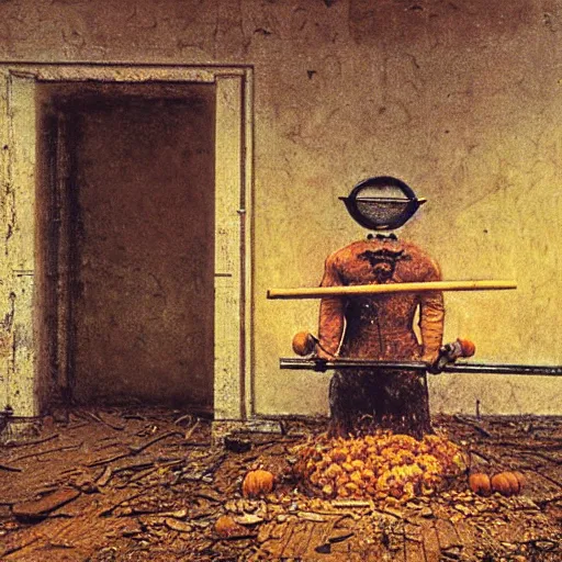 Image similar to pumpkin head man holding a sledgehammer stands inside an abandoned asylum, beksinski