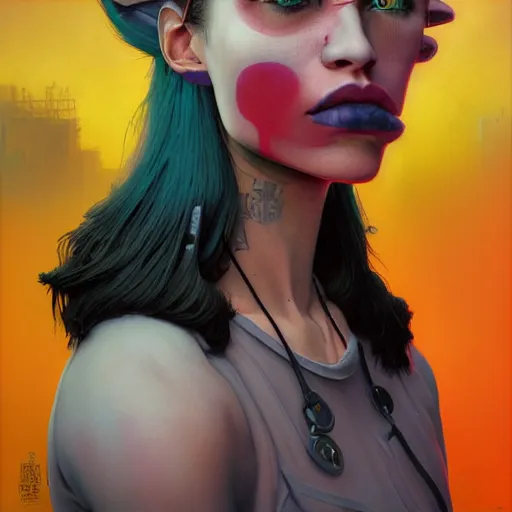 Prompt: vibrant face portrait of a young diesel punk woman on the art deco streets of the big city, symmetrical face, 3 d anime, streetwear, award - winning realistic sci - fi concept art by jim burns and greg rutkowski, picasso, beksinski, masterpiece, complimentary colors, james gilleard, bruegel, alphonse mucha, and yoshitaka amano