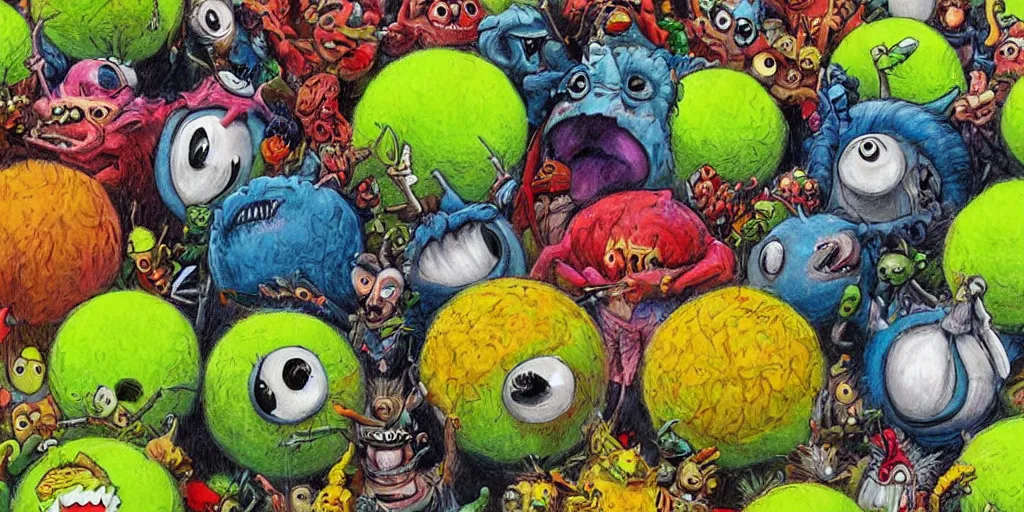 Image similar to tennis ball monsters, parade, theme park, digital art, fantasy, magic, chalk, chalked, trending on artstation, ultra detailed, detailed, fine details, professional illustration by basil gogos