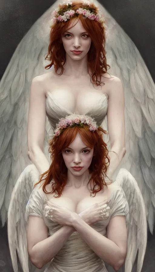 Image similar to Angel Bride, perfectly-centered-painting of young Christina Hendricks looking at the camera, hands not visible, sweaty, wet, dynamic action pose, insane, intricate, highly detailed, digital painting, artstation, concept art, smooth, sharp focus, illustration, Unreal Engine 5, 8K, art by artgerm and greg rutkowski and alphonse mucha