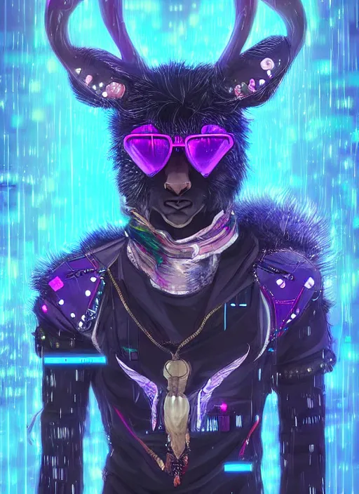 Image similar to award winning beautiful portrait commission of a male furry anthro Black Reindeer cyberpunk fursona with a tail, wings, wings, wings and a cute beautiful attractive detailed furry face wearing stylish black and rainbow galaxy clothes, outline, in a cyberpunk city at night while it rains. Character design by charlie bowater, ross tran, artgerm, and makoto shinkai, detailed, inked, western comic book art