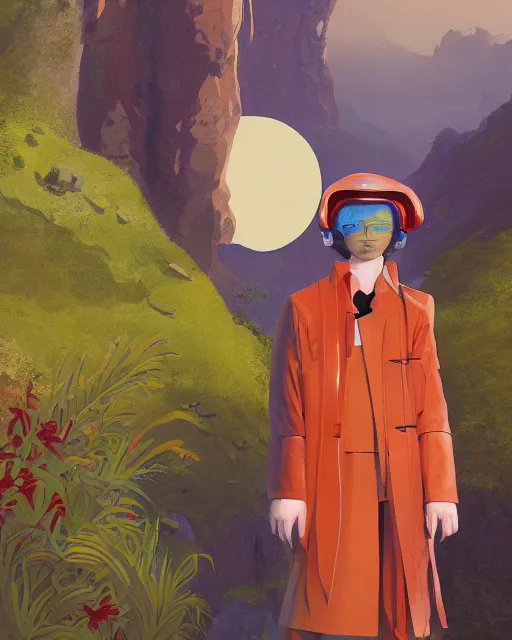 Image similar to portrait of alone androgynous girl wearing long orange vintage leather coat and wearing giant modular synthesizer 8 0 s sony stereo helmet and backpack. bakelite cliffs, moss green japanese forest background, ultrafine hyperdetailed illustration by hsiao - ron cheng and artgerm, the grand budapest hotel, glow, no crop, digital art, artstation, pop art