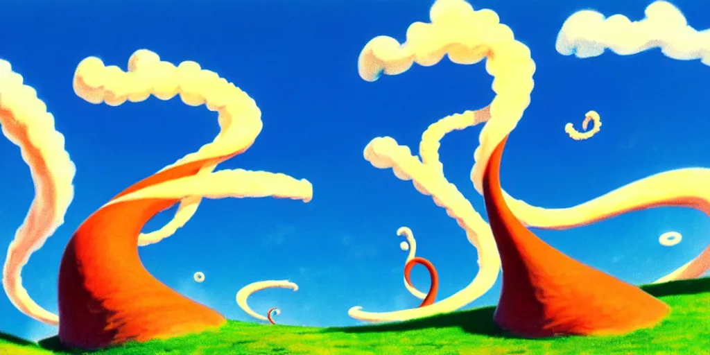 Prompt: cartoon concept art, clean blue sky, spiral clouds, from dr. seuss