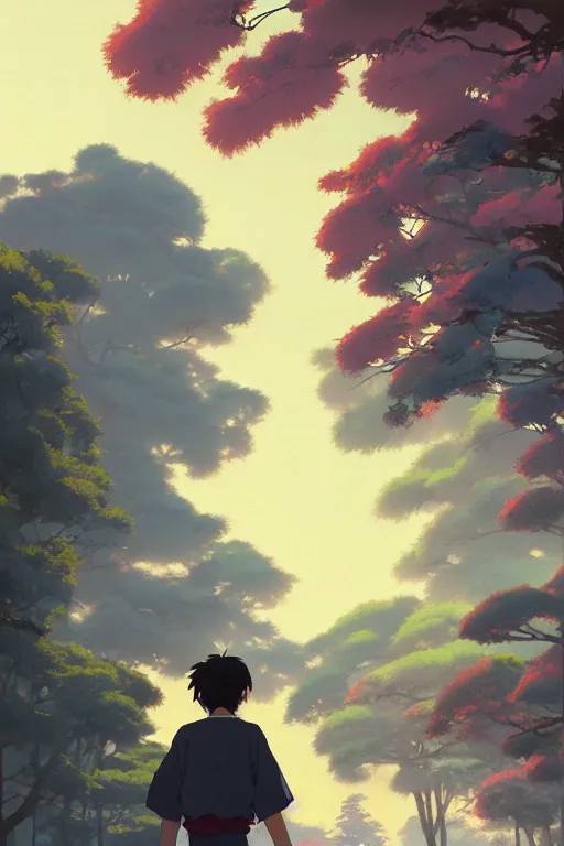 Image similar to a colorful portrait of a student rear view, morning, by studio ghibli painting, superior quality, masterpiece, traditional Japanese colors, by Grzegorz Rutkowski, concept art