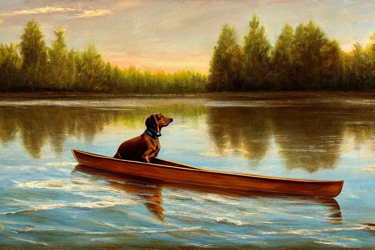 Prompt: a brown dachshund pulling a wooden canoe into the water, painting, oil on canvas, adorable, beautiful environment, wide angle shot
