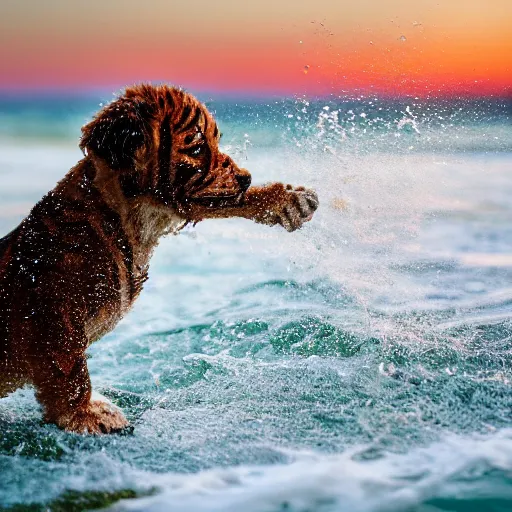 Image similar to a closeup photorealistic photograph of a cute smiling tiger bichon puppy splashing in the surf during sunset. professional capture, well lit shot. this 4 k hd image is trending on artstation, featured on behance, well - rendered, extra crisp, features intricate detail, epic composition and the style of unreal engine.