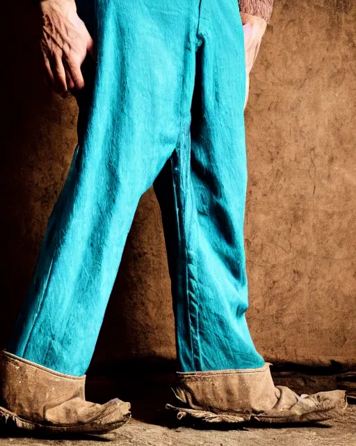 Prompt: a closeup photo of a ancient male model wearing a teal boot cut flared distressed medieval designer menswear trousers designed by kapital, 4 k, studio lighting, wide angle lens, 2 0 0 4