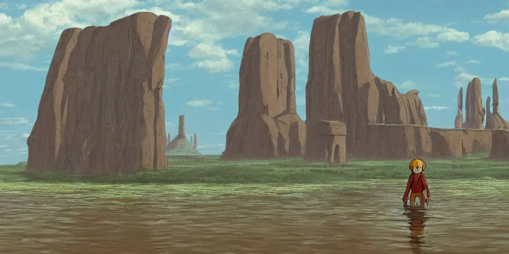 Prompt: a realistic cell - shaded studio ghibli concept art from paprika ( 2 0 0 6 ) of an aquatic ape from close encounters of the third kind ( 1 9 7 7 ) in a flooded monument valley stonehenge. very dull colors, wide shot, hd, 4 k, hq