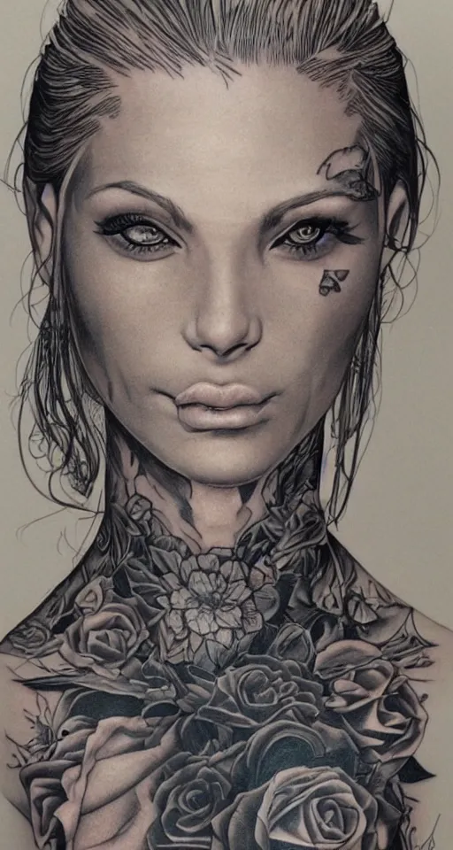 Image similar to a beautiful portrait of a woman with many tattoos, Travis Charest style