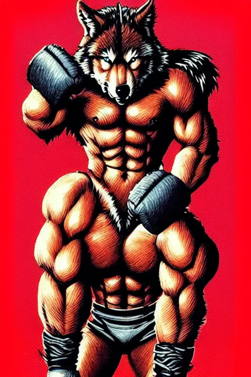 Image similar to extreme long shot. 8 bit nes graphics. antropomorphic muscular masculine wolf. kickboxer fighter, in shorts. wolf head. angry. fine details, very sharp, art from nes game cartridge, 8 0's, vhs artefacts, vaporwave style, marc simonetti and hermann nitsch and anish kapoor.