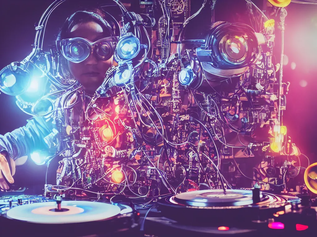 Image similar to a person wearing goggles and visor and headphones using a steampunk record player contraption, wires and tubes, turntablism dj scratching, intricate planetary gears, cinematic, imax, sharp focus, leds, bokeh, iridescent, black light, fog machine, hazy, lasers, hyper color digital art, cyberpunk