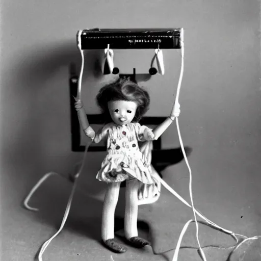 Prompt: 1 9 5 0 s, children toys on strings, fear, doll phobia, horror, jump scare, pov, polaroid,