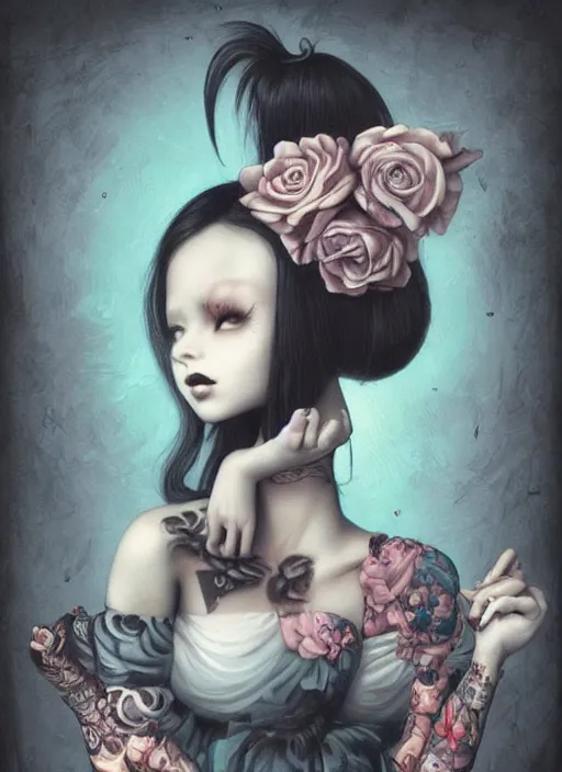 Prompt: pop surrealism, lowbrow art, realistic cute skateboard girl, japanese street fashion, hyper realism, muted colours, rococo, natalie shau, loreta lux, tom bagshaw, mark ryden, trevor brown style,