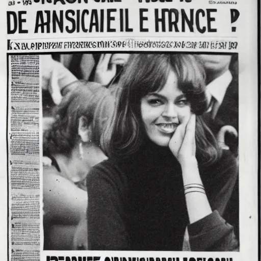 Prompt: front page of a French newspaper from 1977 with large headline declaring: Un scandale ! accompanied by a large photograph of brunette young beautiful fashionable slender pop star Daphne LaCroix covering her face from the flash of paparazzi bulbs