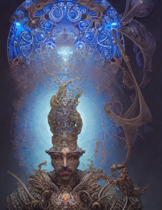 Image similar to front shot of a court jester character, hyperdimensional, bioluminescent hypercubes, ((intricate)), elegant, highly detailed, centered, (((artstation, concept art, smooth, sharp focus, artgerm, Tomasz Alen Kopera, Peter Mohrbacher, donato giancola, Joseph Christian Leyendecker, WLOP, Boris Vallejo))), mugshot!!!!!, ugly!!!!!!, octane render, nvidia raytracing demo, grainy, muted, 8K, digitalblasphemy