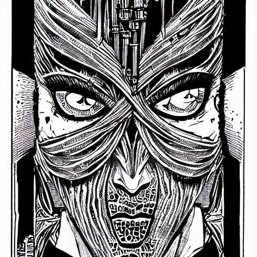Image similar to a black and white drawing of a face, a comic book panel by philippe druillet, behance, neoism, wiccan, woodcut, tarot card