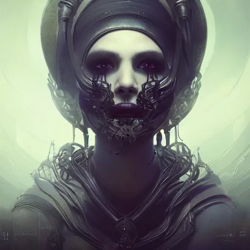Image similar to queen of death. intricate portrait, occult cyberpunk, ancient futuristic, dark art, occult. by Petros Afshar, by artgerm, by Eddie Mendoza, by Peter mohrbacher, octane render, 3d, unreal engine, depth of field, bokeh, motion blur, blur