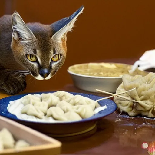 Prompt: Caracal cat eats dumplings