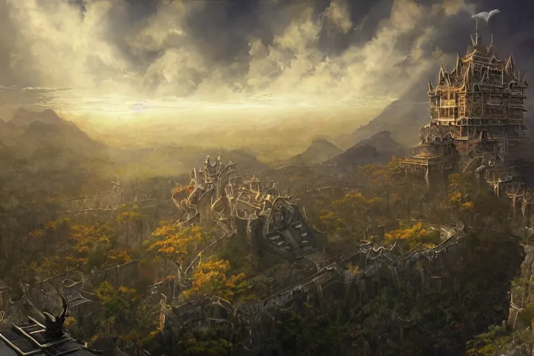 Prompt: cinematic fantasy painting, aerial view of an ancient land, sunset and ominous shadows over the kingdom, brutalist shiro himeji rivendell palace eden by jessica rossier and ( ( ( ( brian froud ) ) ) )