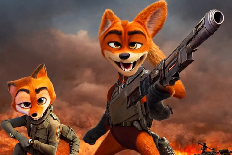 Image similar to nick wilde ( from zootopia ), heavily armed and armored facing down armageddon in a dark and gritty reboot from the makers of mad max : fury road