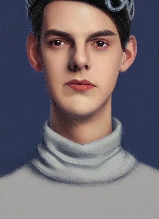 Image similar to portrait of teenage jughead jones wearing a light grey crown, crown, blue turtleneck, 1 9 5 0 s, closed eyes, photorealistic, black hair, glowing lighting, intricate, elegant, glowing lights, highly detailed, digital painting, artstation, concept art, smooth, sharp focus, illustration, art by wlop, mars ravelo and greg rutkowski