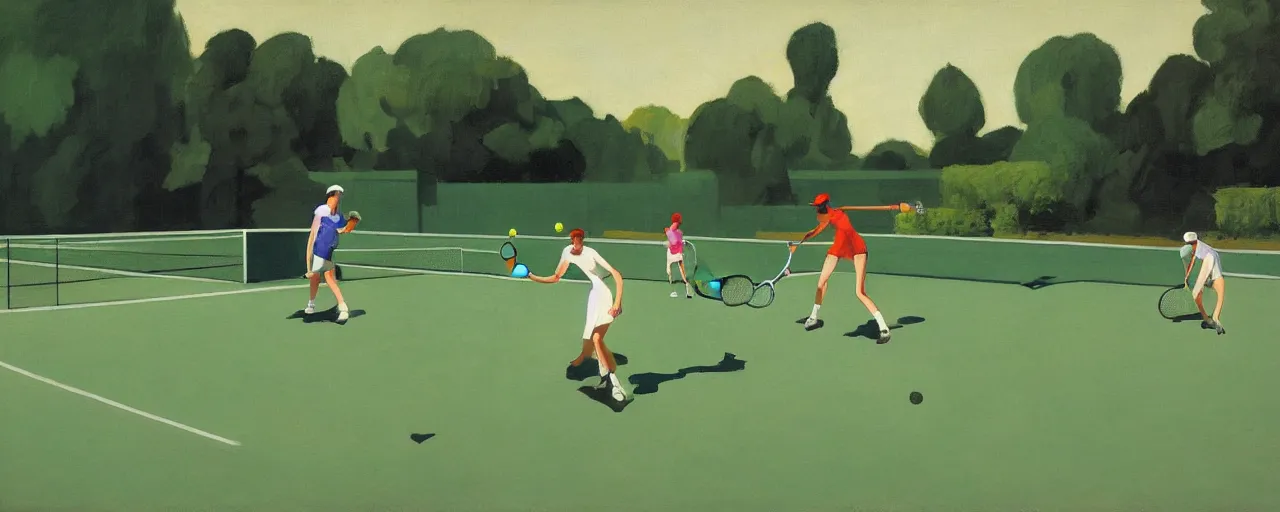 Prompt: a pickle playing tennis in a botanic garden by Edward Hopper and James Gilleard