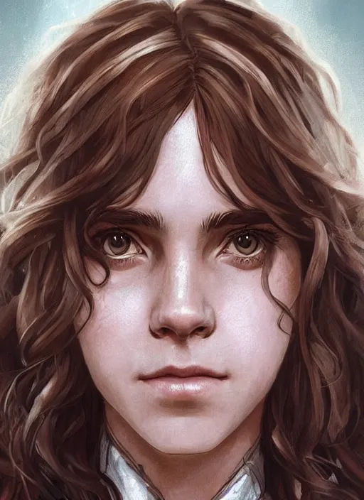 Image similar to hermione! granger! at hogwarts!!!!! by emma watson. beautiful! detailed! face!. by artgerm and greg rutkowski and alphonse mucha