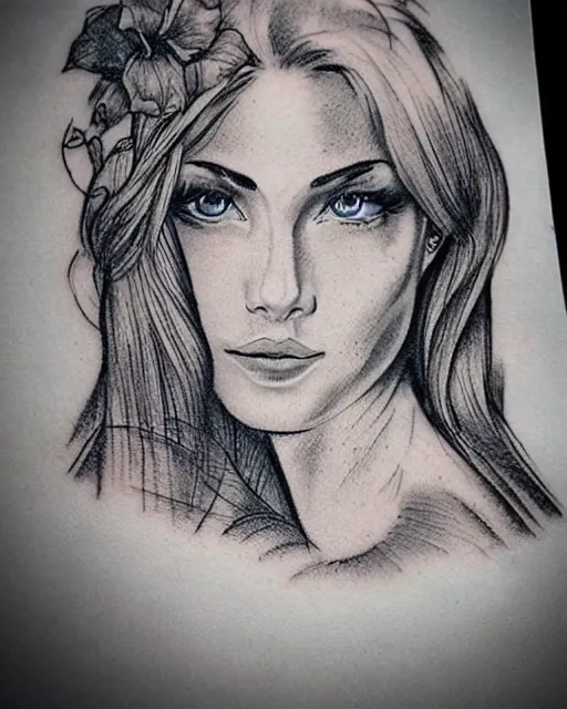 Image similar to tattoo design sketch of a beautiful blue - eyed woman face with a faded background of beautiful mountains on her side, hyper - realistic, in the style of den yakovlev, amazing detail, black and white