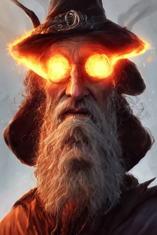 Image similar to old man looks like wizard sorcerer magician warlock spell-caster, bonfire, fire particles, darkness, diablo digital concept art, artwork by Tyler Edlin + Simon Bisley, artstation, very detailed facial structure, long beard, 8k