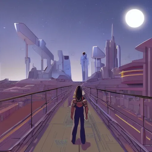 Image similar to point perspective, scifi city in the future, full moon, cyborg in the foreground