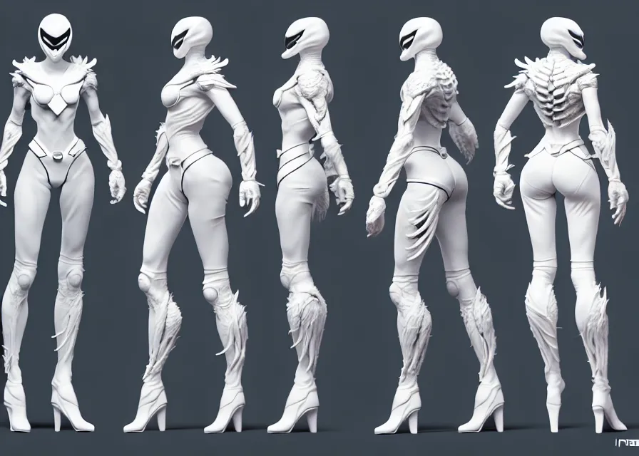 Image similar to character concept art sprite sheet of white swan concept female kamen rider, big belt, wing, human structure, concept art, hero action pose, human anatomy, intricate detail, hyperrealistic art and illustration by irakli nadar and alexandre ferra, unreal 5 engine highlly render, global illumination