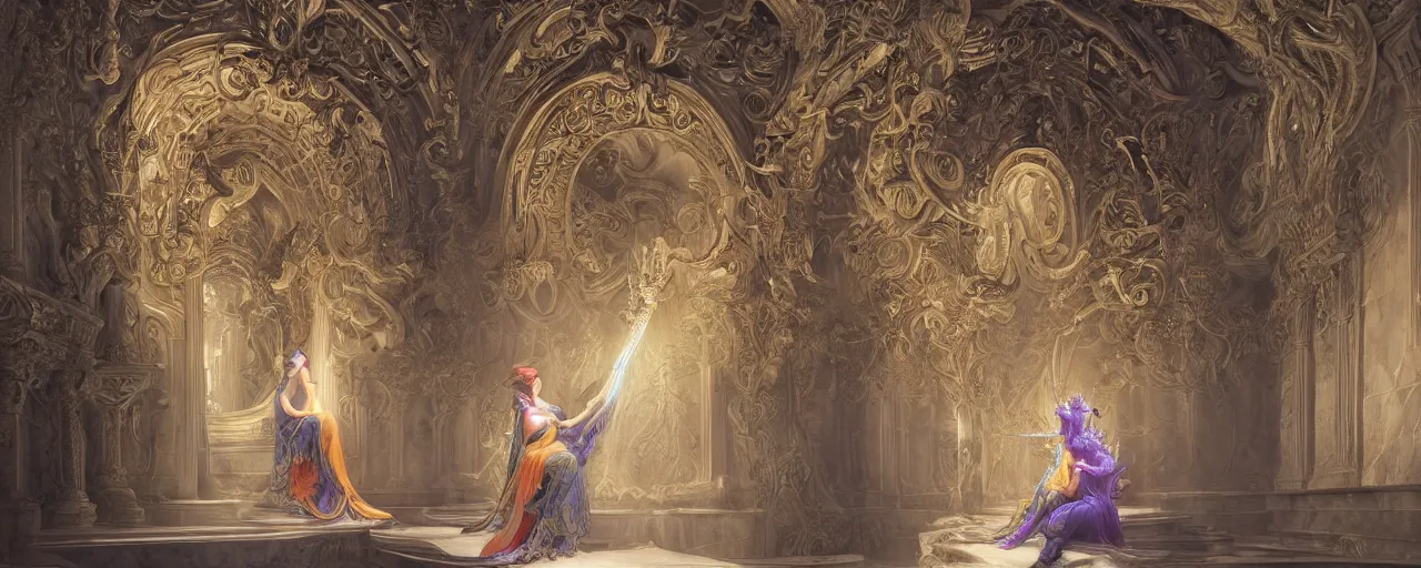 Prompt: a luminous fairytale of an iridescent dragon playing the harp in a baroque white marble cathedral. Neon light, masterpiece 4k digital illustration by Ruan Jia and Mandy Jurgens and Artgerm and william-adolphe bouguereau, award winning, Artstation, Gustave Dore' background, intricate details, realistic, panoramic view, volumetric lighting, Hyperdetailed, 8k resolution, intricate art nouveau, rendered in Unreal Engine 3