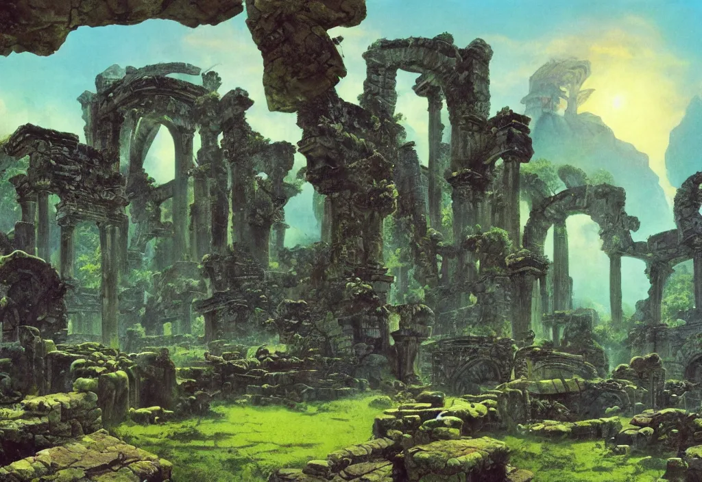 Prompt: a tropical alien world, ancient ruins, by roger dean, good lighting, david a. hardy, syd dutton, albert bierstadt