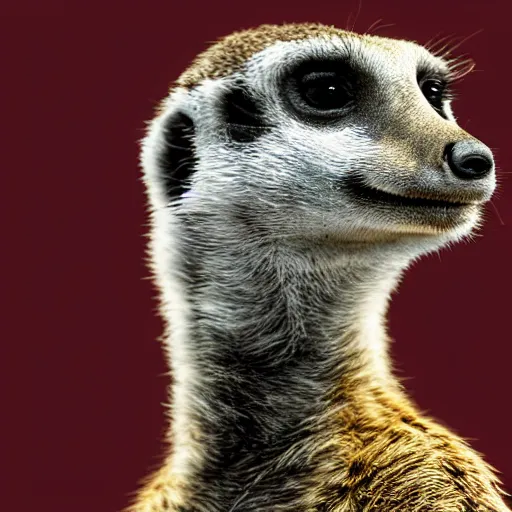 Image similar to Portrait of a meerkat in a red velvet suit with a tobacco pipe and monocle, elegant, fantasy, 8k, artstation, very high detail, photorealistic, sharp focus, illustration, concept art, volumetric lighting