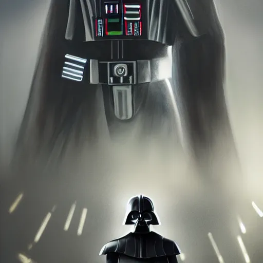 Image similar to a full body back shot of Darth Vader concept art realistic painting, high definition, digital art, matte painting, symmetrical, very detailed, realistic by Doug Chiang, dramatic lighting, cinematic, establishing shot, extremly high detail, photo realistic, cinematic lighting, post processed, concept art, artstation, matte painting,