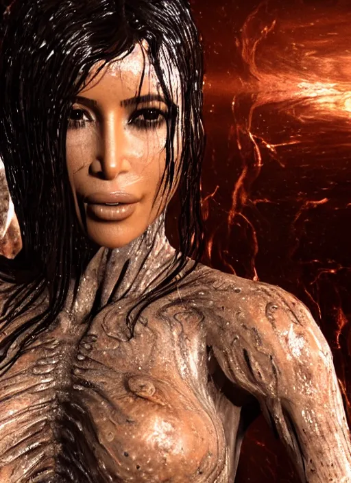 Image similar to film still of kim kardashian being licked by an xenomorph slathered in a transparent alien liquid, wet flowing hair, gooey skin, illustration, unreal engine 5, 8 k, directed by h. r. giger.