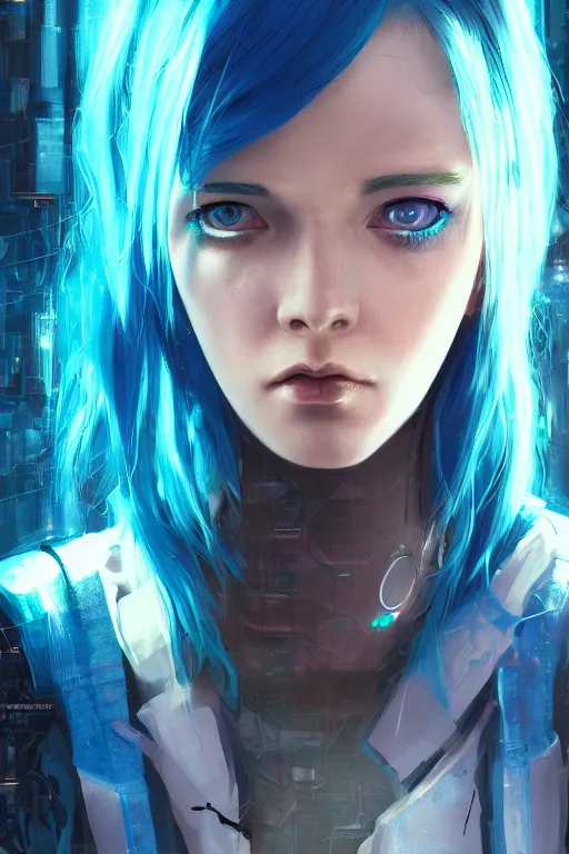 Prompt: A cyberpunk programmer girl with blue hair, depressed, works with AI, feels helpless, deep blues of AI tech office, cinematic lighting, hyper-detailed, cgsociety, 8k, high resolution, in the style of Charlie Bowater, Tom Bagshaw, Alexis Franklin, Elena Masci, Pawel Rebisz